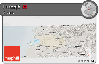 Shaded Relief Panoramic Map of Lushnjë, semi-desaturated