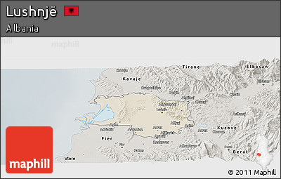 Shaded Relief Panoramic Map of Lushnjë, semi-desaturated