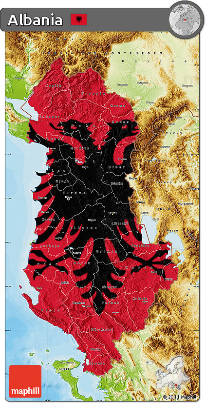 Flag Map of Albania, physical outside, bathymetry sea, flag centered