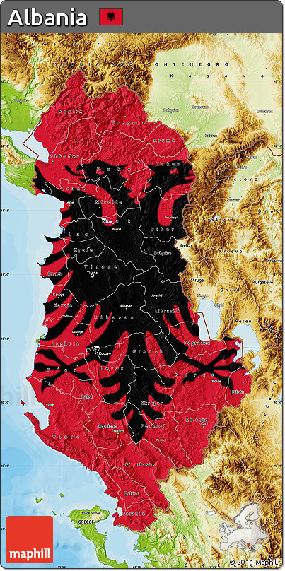 Flag Map of Albania, physical outside, bathymetry sea, flag centered