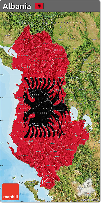 Flag Map of Albania, satellite outside, bathymetry sea, flag rotated