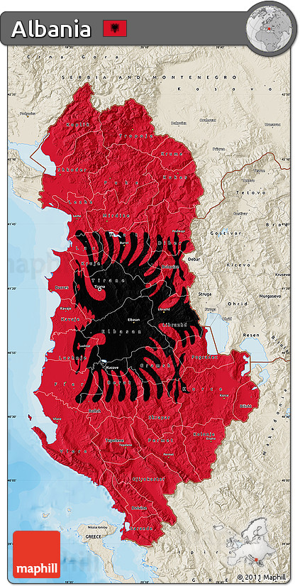 Flag Map of Albania, shaded relief outside, bathymetry sea, flag rotated