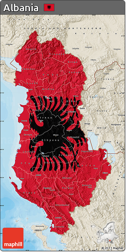 Flag Map of Albania, shaded relief outside, bathymetry sea, flag rotated