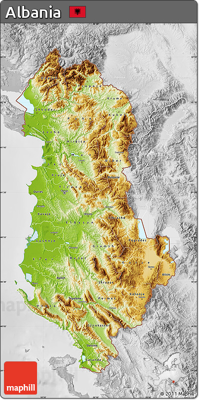 Physical Map of Albania, lighten, desaturated