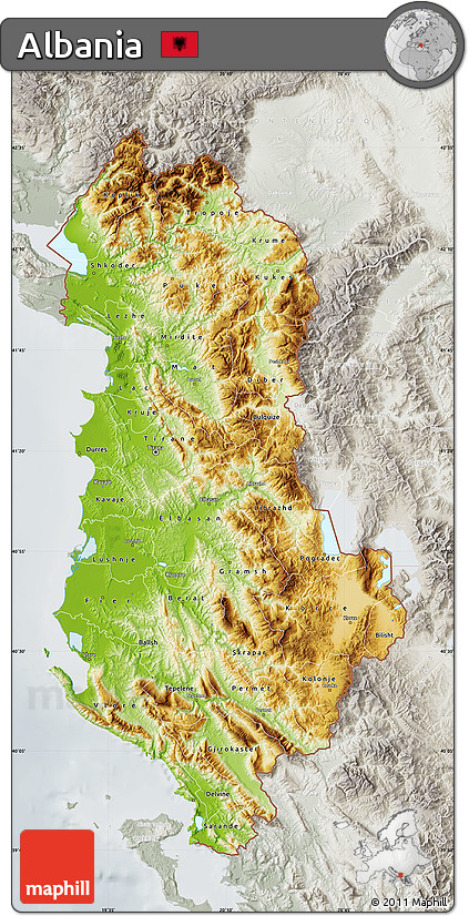 Physical Map of Albania, lighten, semi-desaturated