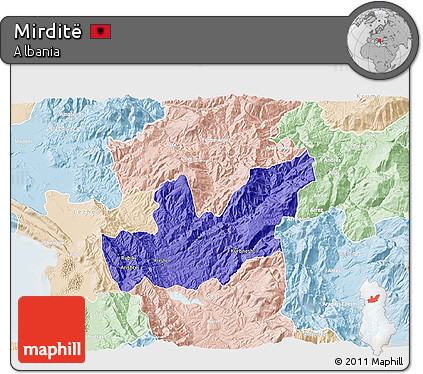 Political 3D Map of Mirditë, lighten