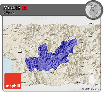 Political 3D Map of Mirditë, shaded relief outside