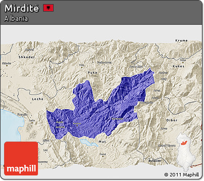 Political 3D Map of Mirditë, shaded relief outside