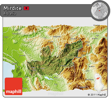Satellite 3D Map of Mirditë, physical outside