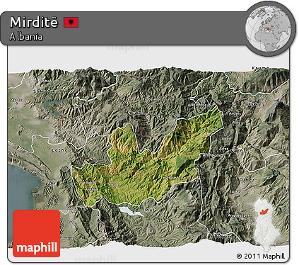 Satellite 3D Map of Mirditë, semi-desaturated