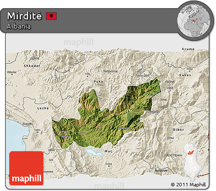 Satellite 3D Map of Mirditë, shaded relief outside