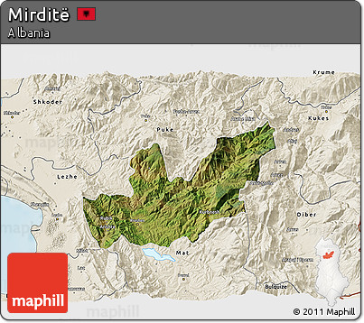 Satellite 3D Map of Mirditë, shaded relief outside
