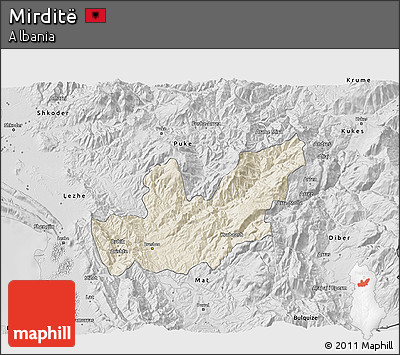 Shaded Relief 3D Map of Mirditë, desaturated