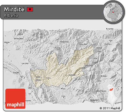 Shaded Relief 3D Map of Mirditë, desaturated