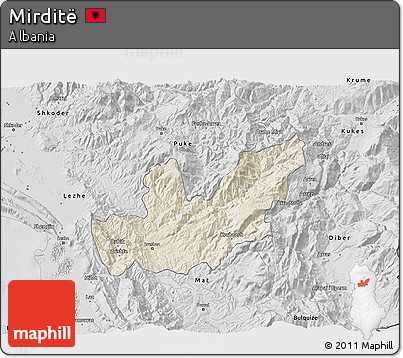 Shaded Relief 3D Map of Mirditë, desaturated