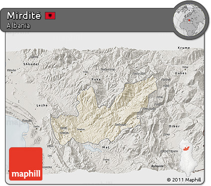 Shaded Relief 3D Map of Mirditë, semi-desaturated