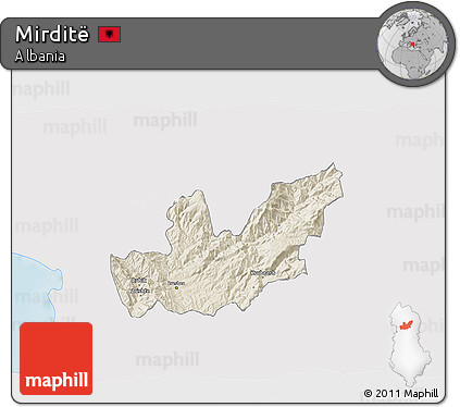 Shaded Relief 3D Map of Mirditë, single color outside