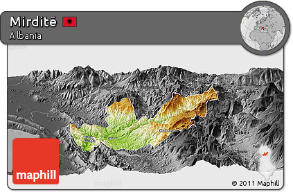 Physical Panoramic Map of Mirditë, darken, desaturated