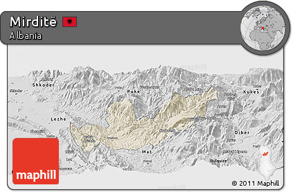 Shaded Relief Panoramic Map of Mirditë, desaturated