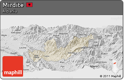 Shaded Relief Panoramic Map of Mirditë, desaturated
