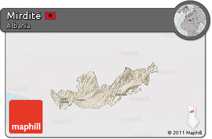 Shaded Relief Panoramic Map of Mirditë, single color outside