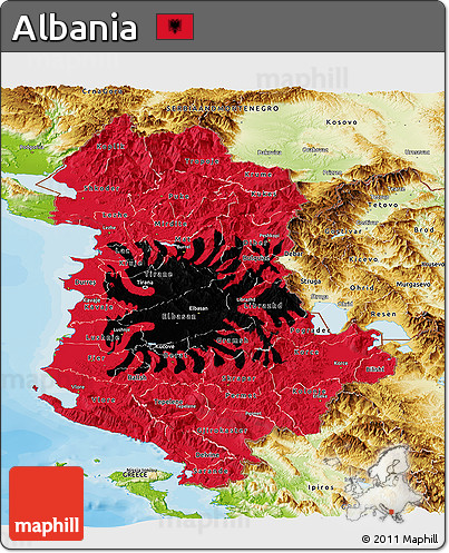 Flag Panoramic Map of Albania, physical outside, bathymetry sea, flag rotated