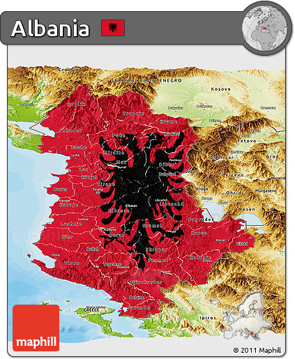 Flag Panoramic Map of Albania, physical outside, bathymetry sea