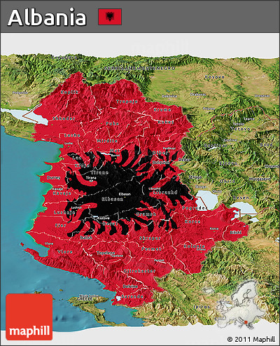 Flag Panoramic Map of Albania, satellite outside, flag rotated