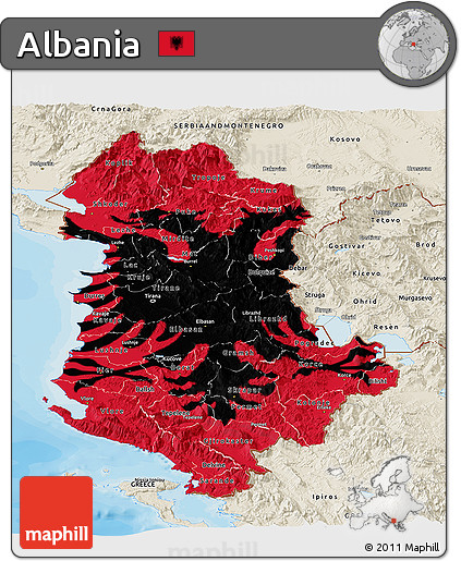Flag Panoramic Map of Albania, shaded relief outside, bathymetry sea, flag centered