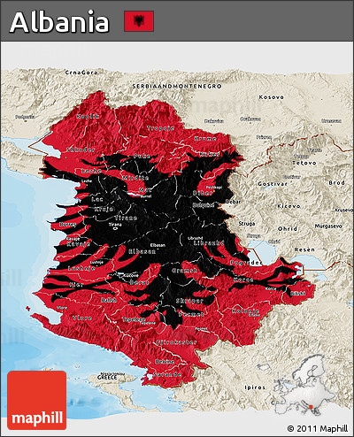 Flag Panoramic Map of Albania, shaded relief outside, bathymetry sea, flag centered