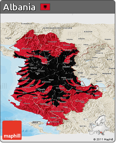 Flag Panoramic Map of Albania, shaded relief outside, bathymetry sea, flag centered
