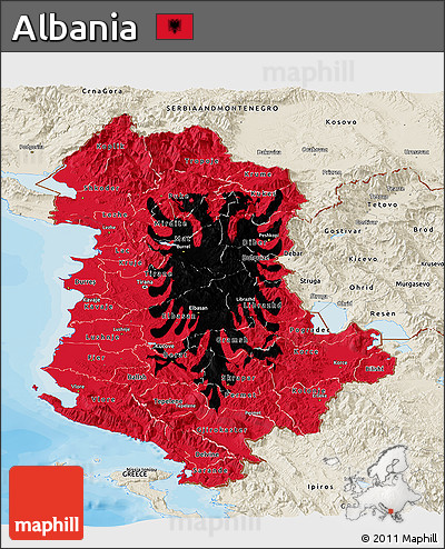 Flag Panoramic Map of Albania, shaded relief outside, bathymetry sea