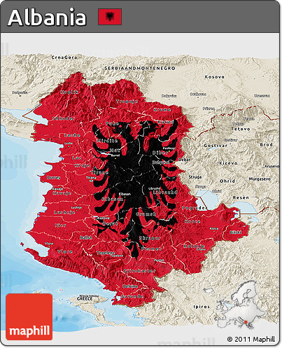 Flag Panoramic Map of Albania, shaded relief outside, bathymetry sea