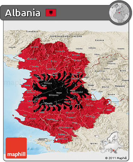 Flag Panoramic Map of Albania, shaded relief outside, flag rotated