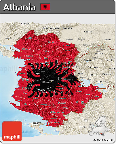 Flag Panoramic Map of Albania, shaded relief outside, flag rotated