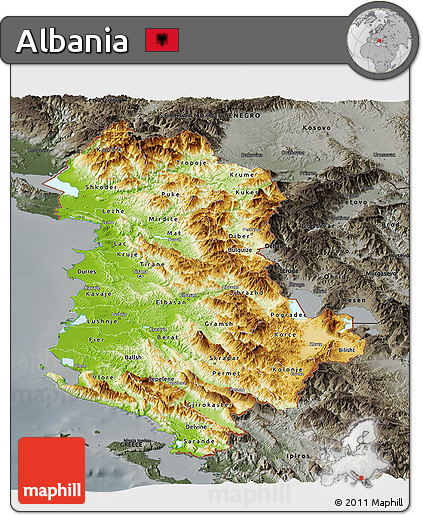 Physical Panoramic Map of Albania, darken, semi-desaturated
