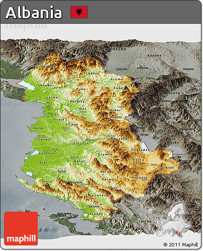 Physical Panoramic Map of Albania, darken, semi-desaturated