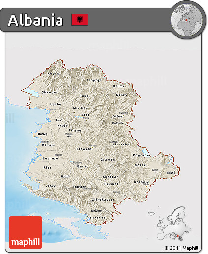 Shaded Relief Panoramic Map of Albania, single color outside