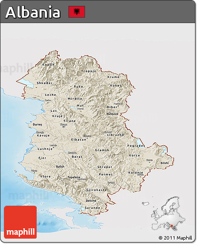 Shaded Relief Panoramic Map of Albania, single color outside
