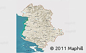 Shaded Relief Panoramic Map of Albania, single color outside, satellite sea