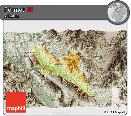 Physical 3D Map of Përmet, semi-desaturated