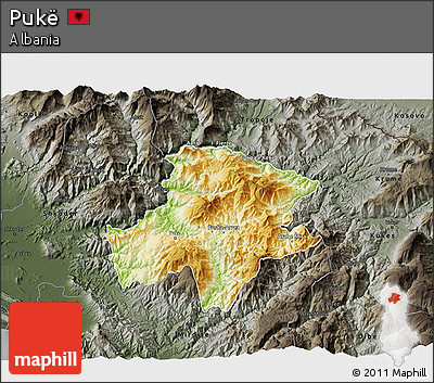 Physical 3D Map of Pukë, darken, semi-desaturated