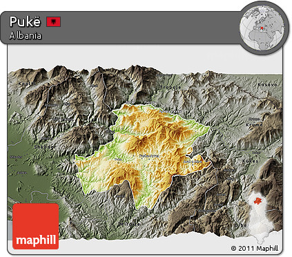 Physical 3D Map of Pukë, darken, semi-desaturated