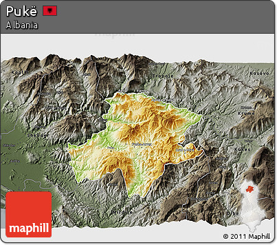Physical 3D Map of Pukë, darken, semi-desaturated