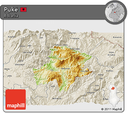 Physical 3D Map of Pukë, shaded relief outside