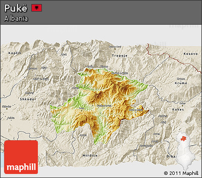 Physical 3D Map of Pukë, shaded relief outside