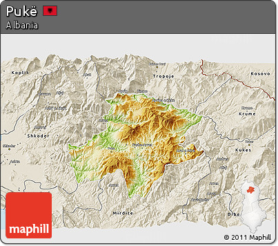 Physical 3D Map of Pukë, shaded relief outside