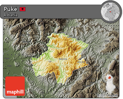 Physical Map of Pukë, darken, semi-desaturated