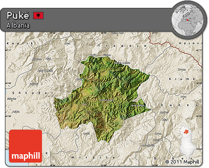 Satellite Map of Pukë, shaded relief outside