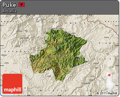 Satellite Map of Pukë, shaded relief outside